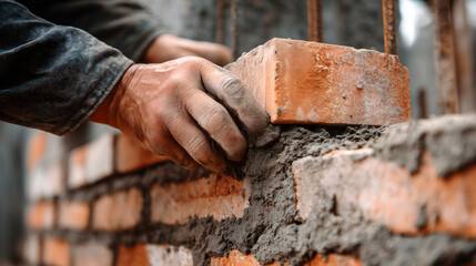 Un ouvrier dispose des briques pour construire un mur dans un chantier.