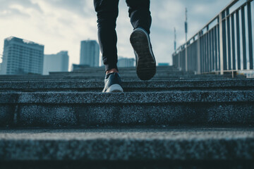 A person is running up a set of stairs