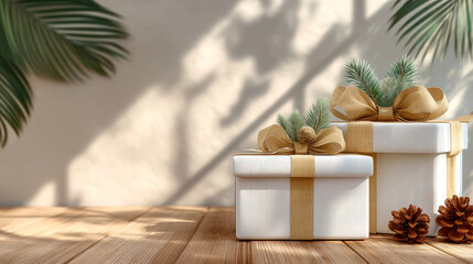 White wrapped Christmas gift with gold ribbon and pine sprig on wooden table evoking cozy holiday warmth