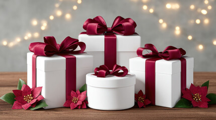 White gift boxes with burgundy ribbon and poinsettia decorations on wooden table, festive warm lights