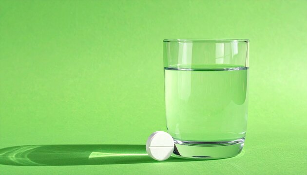 A glass of water and a single white pill isolated on green background. 