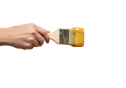 Macro shot of a caucasian hand painting a thick goldenrod yellow stroke with a wooden brush on a white wall. Concept of renovation and creativity