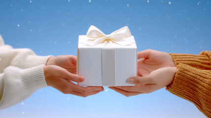 White gift box with ribbon being exchanged between two hands in winter scene conveying warmth and joy