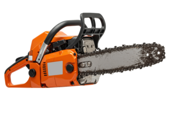 A professional orange and black gasoline chainsaw with a worn, weathered blade isolated on a transparent background. Concept of durable work equipment