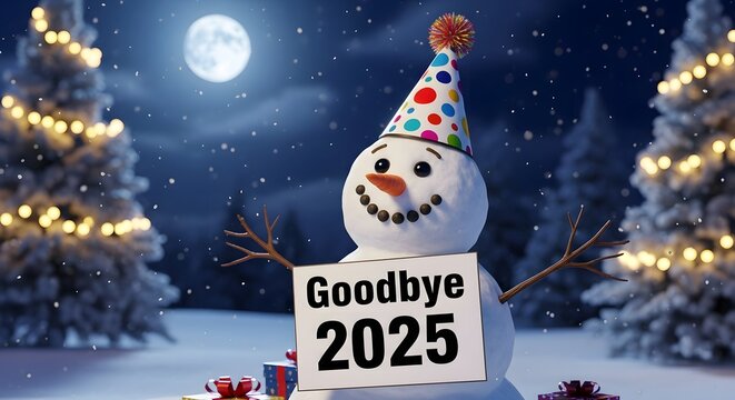 Snowman Celebrates New Year 2026 Under Moonlight in Winter Wonderland Scene with Snowy Trees and Presents Festive Greetings - Powered by Adobe