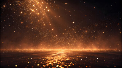 Golden sparkles and light rays reflecting on a dark surface