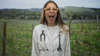 Obraz premium Woman doctor in white coat wearing stethoscope and glasses, mouth wide open shouting in vineyard field outdoors; alarm.