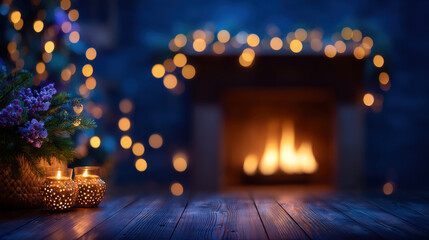 Cozy Christmas nighttime scene with soft warm light, glowing candles near fireplace and bokeh garland
