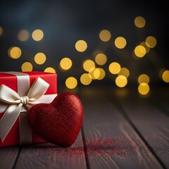 Romantic valentine s day gift with heart and bokeh lights on wood