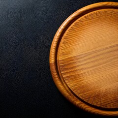 Empty round wooden cutting board on dark textured background