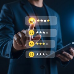 Customer experience concept with man touching virtual screen rating system
