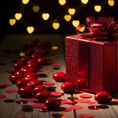 Red gift box with heart bokeh lights for valentine s day