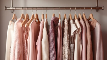 A clothing rack showcases a variety of soft colored garments in light shades of pink beige and cream. The cozy textures invite a warm and inviting atmosphere perfect for casual wear.