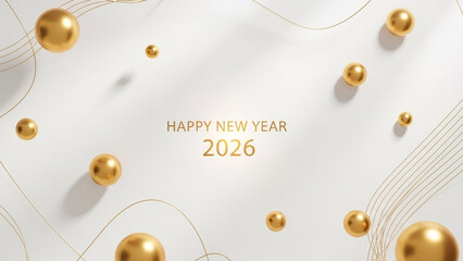 Obraz premium Elegant Happy New Year 2026 greeting with golden spheres and abstract lines on a clean white background, a sophisticated celebration visual