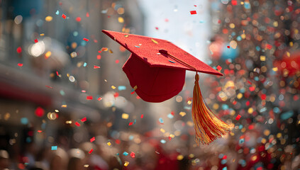 A red graduation cap with a gold tassel soars into the air, surrounded by a lively burst of celebratory confetti in an outdoor setting.