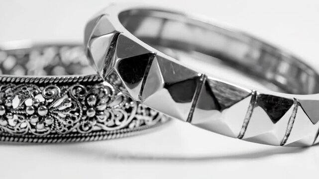 Closeup of two contrasting silver bangles on a white surface