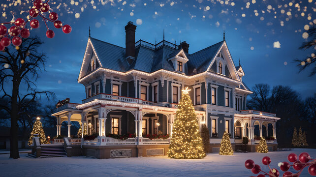 Victorian mansion decorated with bright christmas lights in a snowy landscape