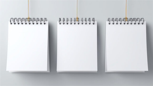 Three blank hanging notepad sheets displayed on a neutral wall, representing creativity, planning, reminders and minimalist workspace aesthetics with clean composition.