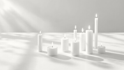 White candles illuminating a minimalist background with soft shadows, creating a serene ambiance. Modern trendy tone hue shade color of the year 2026