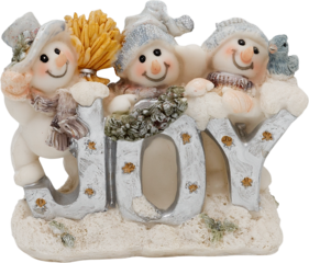 3 snowmen leaning on the word "Joy"
