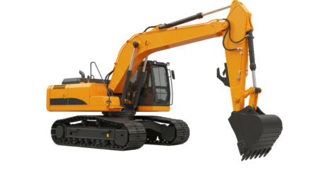 A modern orange and yellow heavy-duty hydraulic excavator isolated on a white background with its arm articulated forward. Concept of industrial power and engineering
