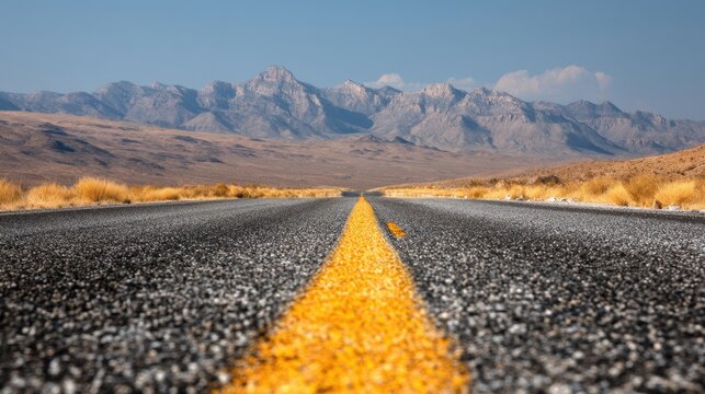 A long straight road cuts through a dry desert terrain flanked by dry grass. Majestic mountains rise in the background creating a stunning view under a bright blue sky.