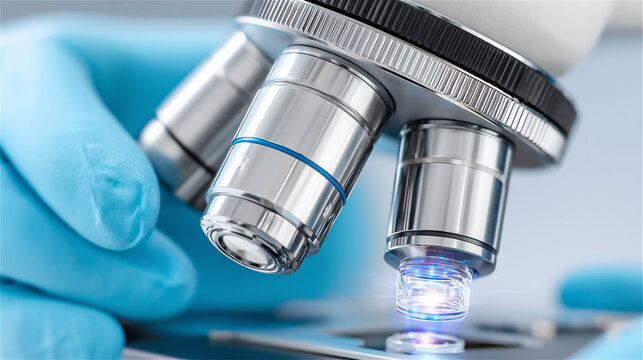 Laboratory microscope with gloved hands adjusting the lens, representing science, research, analysis and modern medical innovation in a clean professional environment.