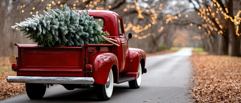 Truck transporting trees along a misty highway surrounded by evergreen forests in early morning light