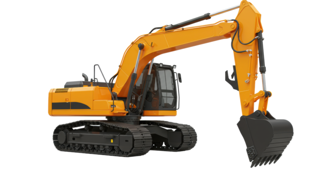 A modern orange and yellow heavy-duty hydraulic excavator isolated on a white background with its arm articulated forward. Concept of industrial power and engineering