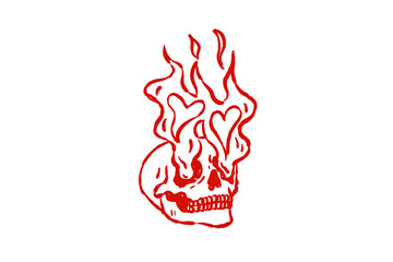 Fiery red skull with heart flames illustration, isolated on transparent background