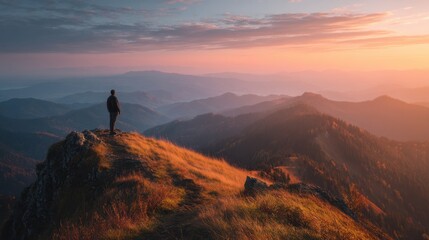 A person stands on a rocky mountain peak gazing at a breathtaking sunset. The sky displays warm colors while hills stretch into the distance creating a peaceful atmosphere.