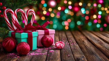 Festive candy cane and ornament decorated gift boxes on rustic wooden table with colorful bokeh lights