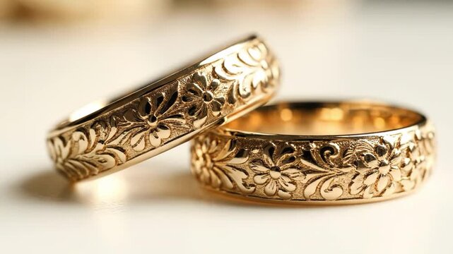 Closeup of two intricately engraved gold wedding bands with floral pattern