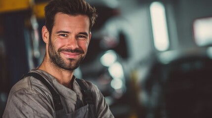A mechanic stands in an auto repair shop wearing work overalls and smiling with pride. Tools and cars surround him showcasing a busy work environment in the background.