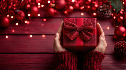 Red gift box red ribbon red bow red sweater hands holding red present red holiday lights