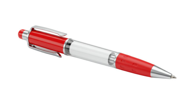 A sleek red plastic and chrome metal promotional pen with a blank scroll, isolated on a white background with copy space. Concept for business branding.