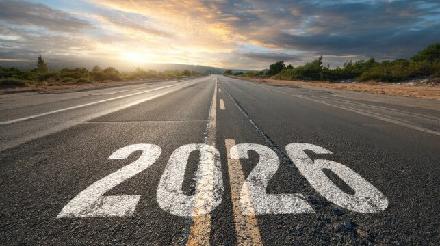 A long empty road stretches into the distance marked with the year 2026. The sky is filled with warm sunset colors creating a peaceful atmosphere. Green trees line the sides of the road. - Powered by Adobe