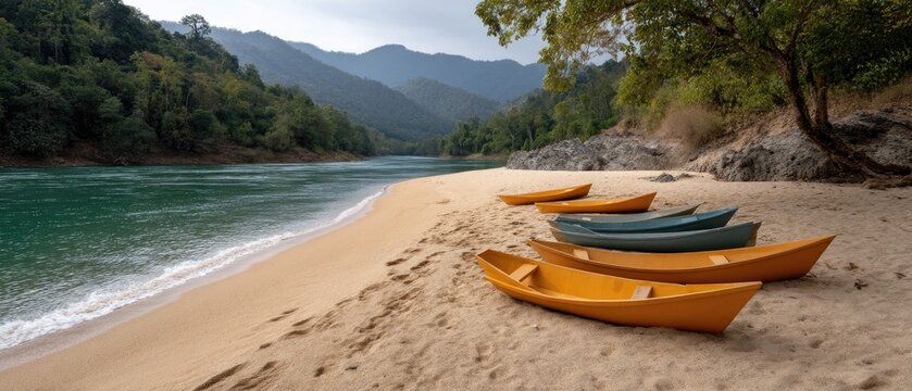 Colorful boats moored along a serene lake in a peaceful park setting during a sunny day - Powered by Adobe