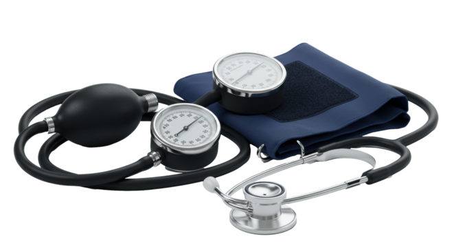 Professional sphygmomanometer and stethoscope precisely arranged on a transparent background with copy space. Concept of healthcare and diagnostics - Powered by Adobe