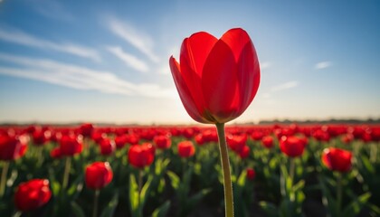 Obraz premium Single vibrant red tulip flower stands out in a beautiful sunlit field, with its delicate petals glowing from the warm backlight of the rising sun against a blue sky