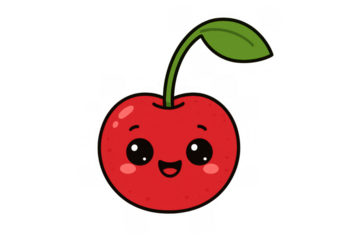 Cute red cherry fruit cartoon character smiling with happy face and vibrant blush, sweet summer berry illustration