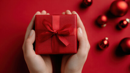 Red gift box with ribbon held in hands on red background with bauble decorations