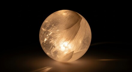 Round decorative lamp emitting warm light in dark background  