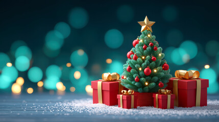 Festive miniature Christmas tree with red bauble decoration and golden star surrounded by wrapped gifts