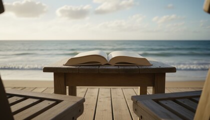 Hardcover book lies open on a rustic wooden table between two chairs on a seaside deck, creating a tranquil and relaxing vacation scene at sunset