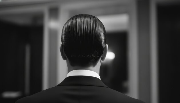 Perfectly groomed man with shiny slicked-back hair seen from behind, wearing a formal suit in a mysterious and cinematic black and white portrait