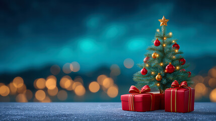 Small decorated Christmas tree with red and gold ornaments and wrapped gifts creating warm festive mood