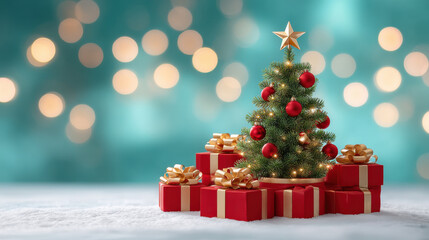 Miniature decorated Christmas tree with red bauble and gold star surrounded by red gift box with gold ribbon, festive warm