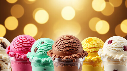 Variety of brightly colored ice cream scoops delicious dessert flavors chocolate strawberry mint vanilla yellow in plastic cups sweet treat refreshing cold closeup bokeh background