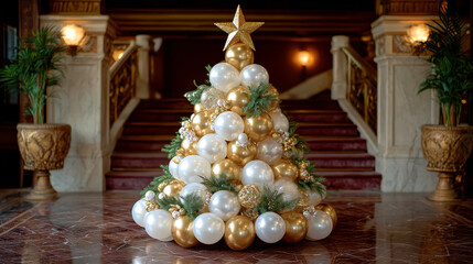 Gold balloon Christmas tree gold ornament star ball white pearl metallic festive